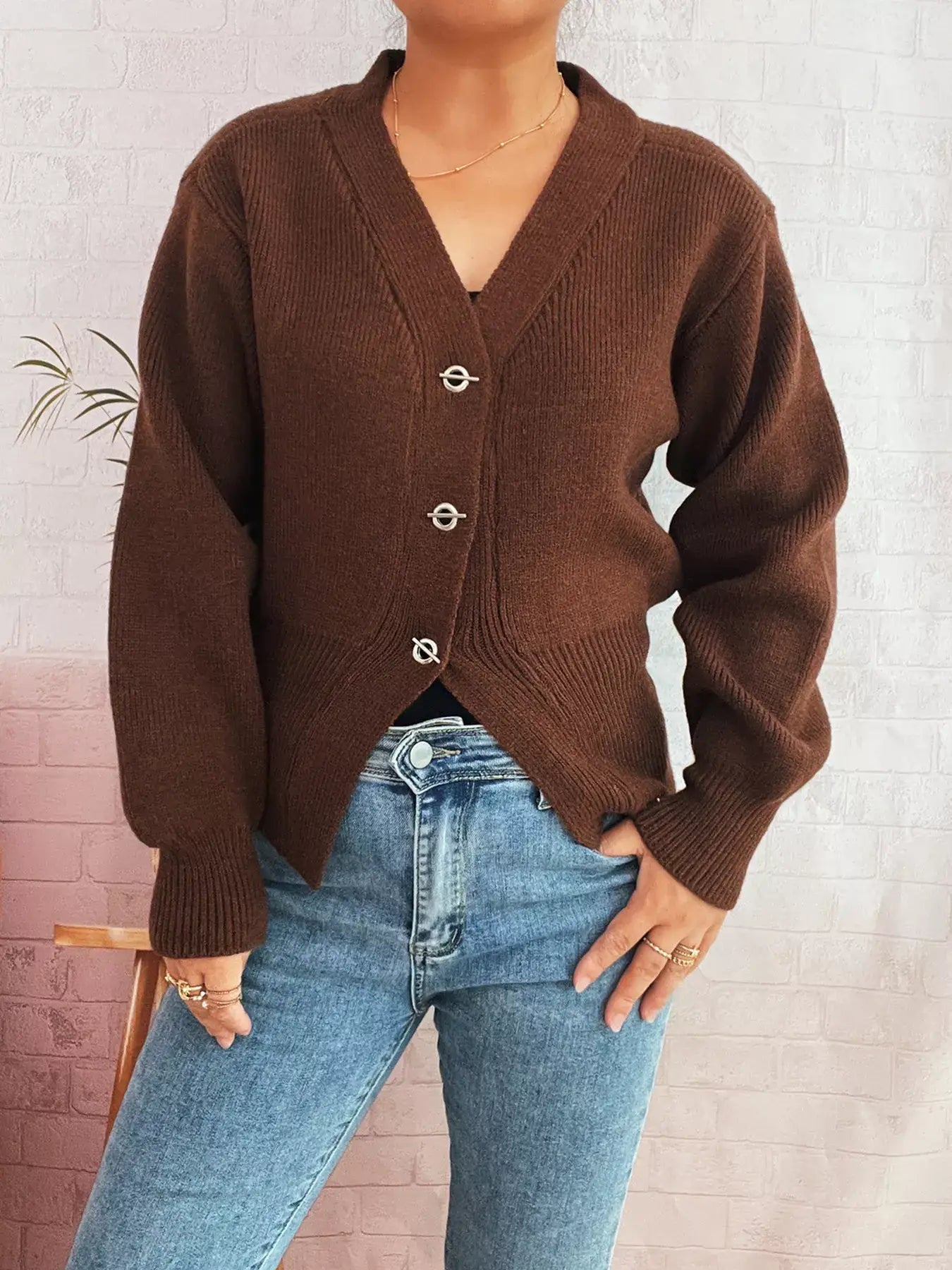 Button Up Long Sleeve Cardigan - Cardigan