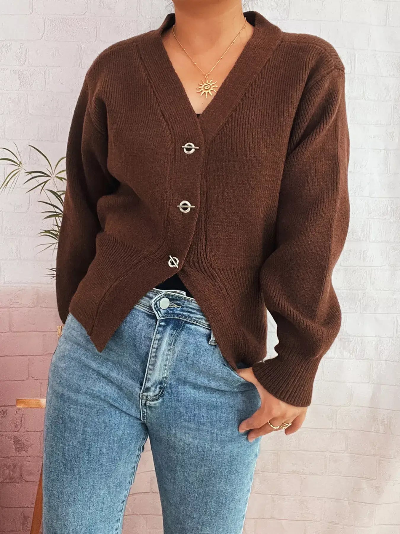 Button Up Long Sleeve Cardigan - Brown / One Size - Cardigan