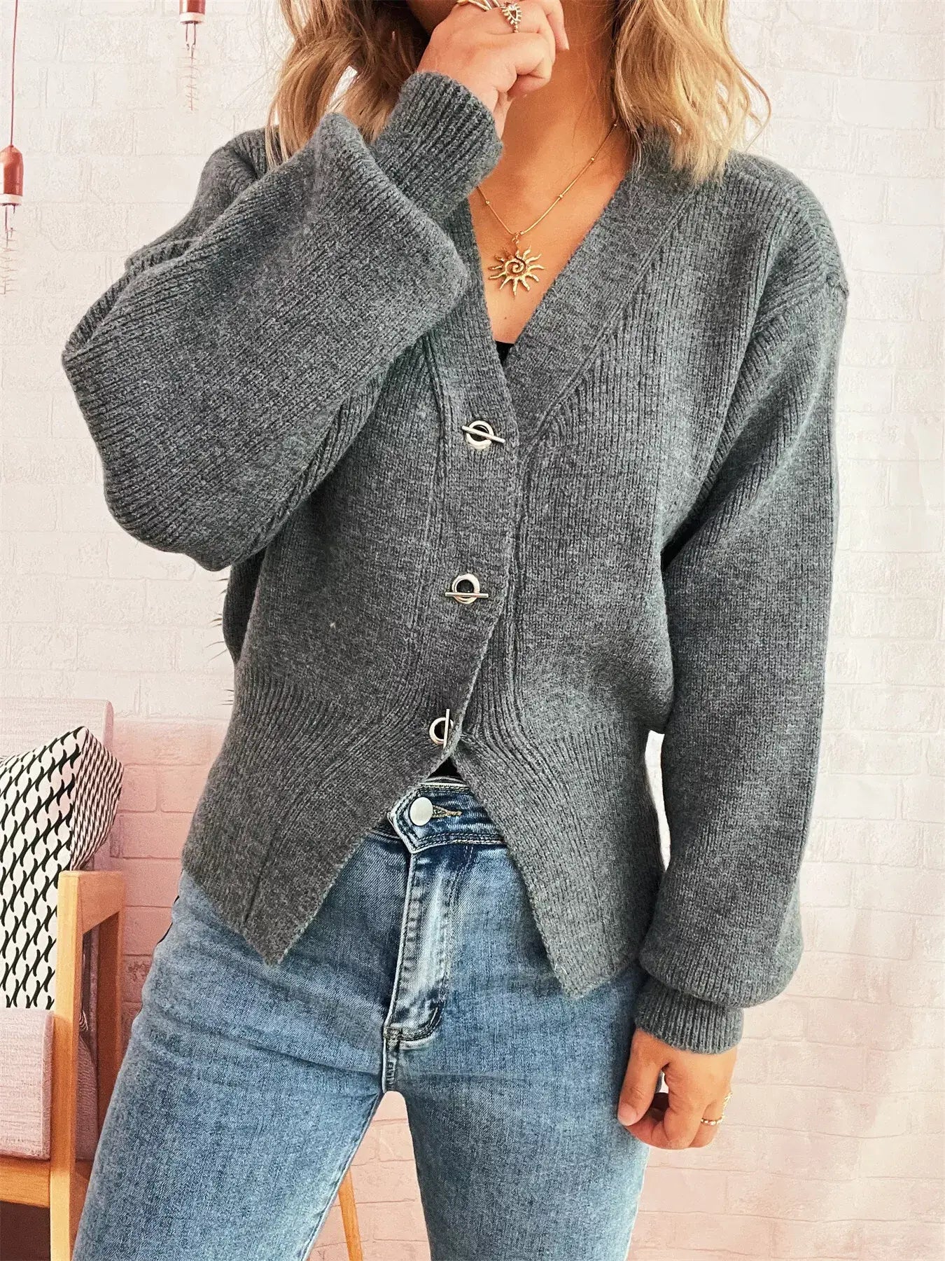 Button Up Long Sleeve Cardigan - Gray / One Size - Cardigan