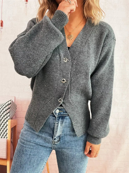 Button Up Long Sleeve Cardigan - Gray / One Size - Cardigan