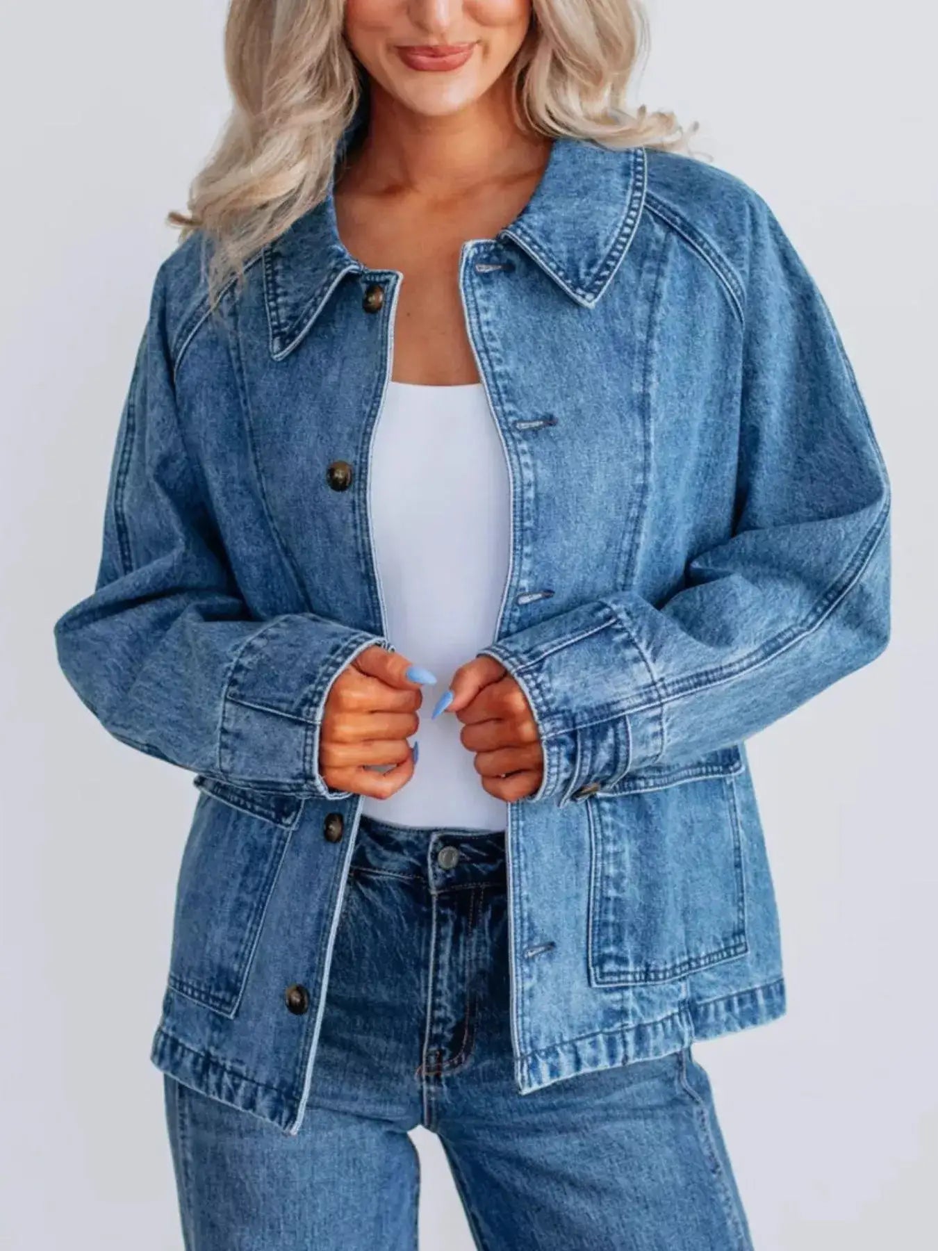 Button Up Raglan Sleeve Denim Jacket