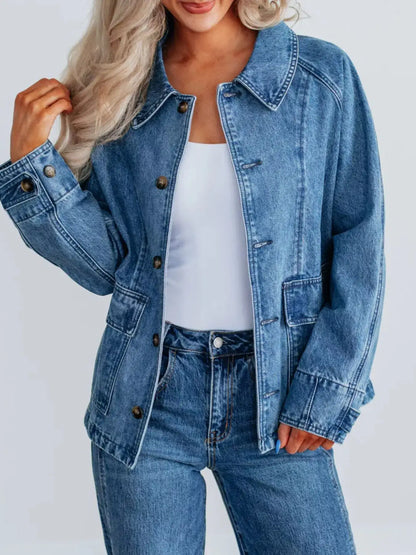Button Up Raglan Sleeve Denim Jacket - Blue / S