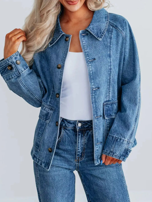 Button Up Raglan Sleeve Denim Jacket - Blue / S