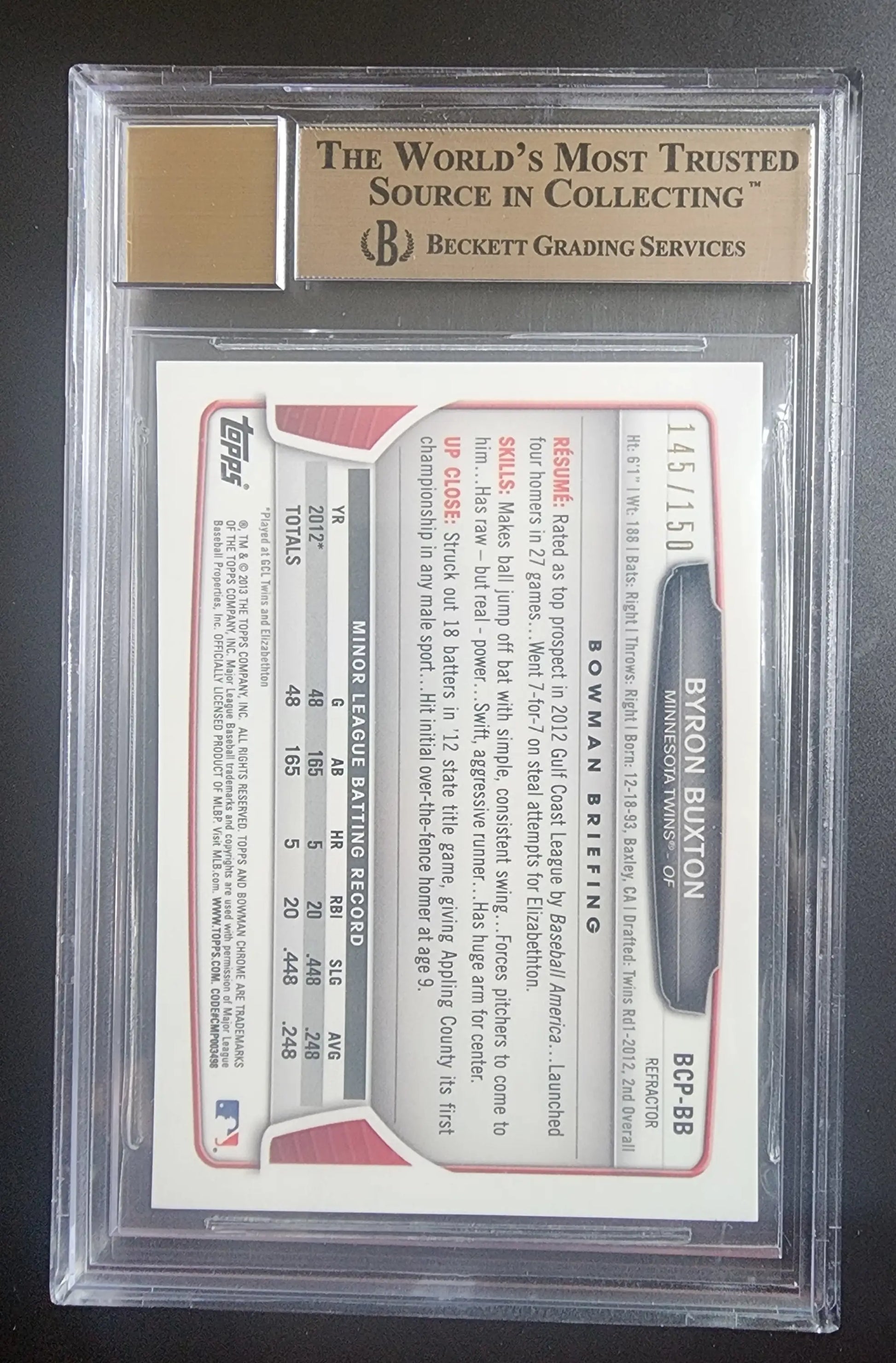 Byron Buxton 2013 Bowman Chrome Autograph Blue Refractor BGS graded card in case