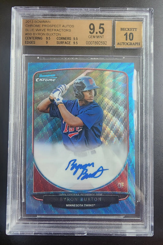 Graded BGS 9.5 Byron Buxton 2013 Bowman Chrome Autograph Blue Wave Refractor card