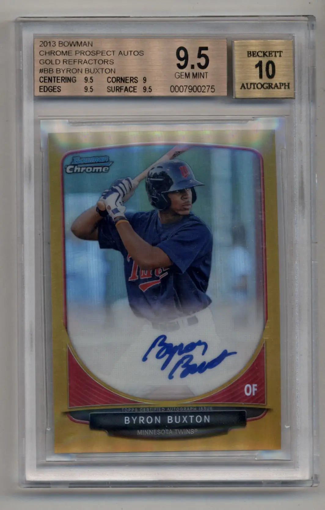 Graded Byron Buxton 2013 Bowman Chrome Prospect Gold Refractor Auto card 27/50 BGS 9.5