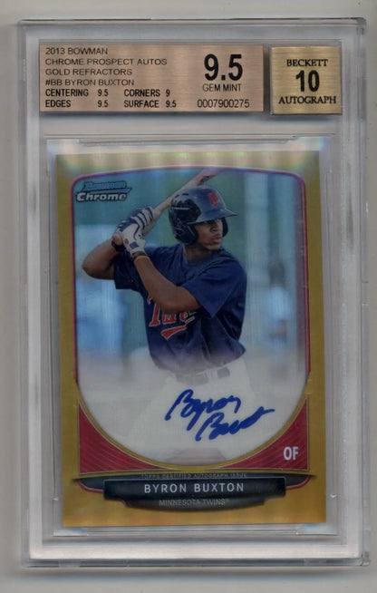 Graded Byron Buxton 2013 Bowman Chrome Prospect Gold Refractor Auto card 27/50 BGS 9.5