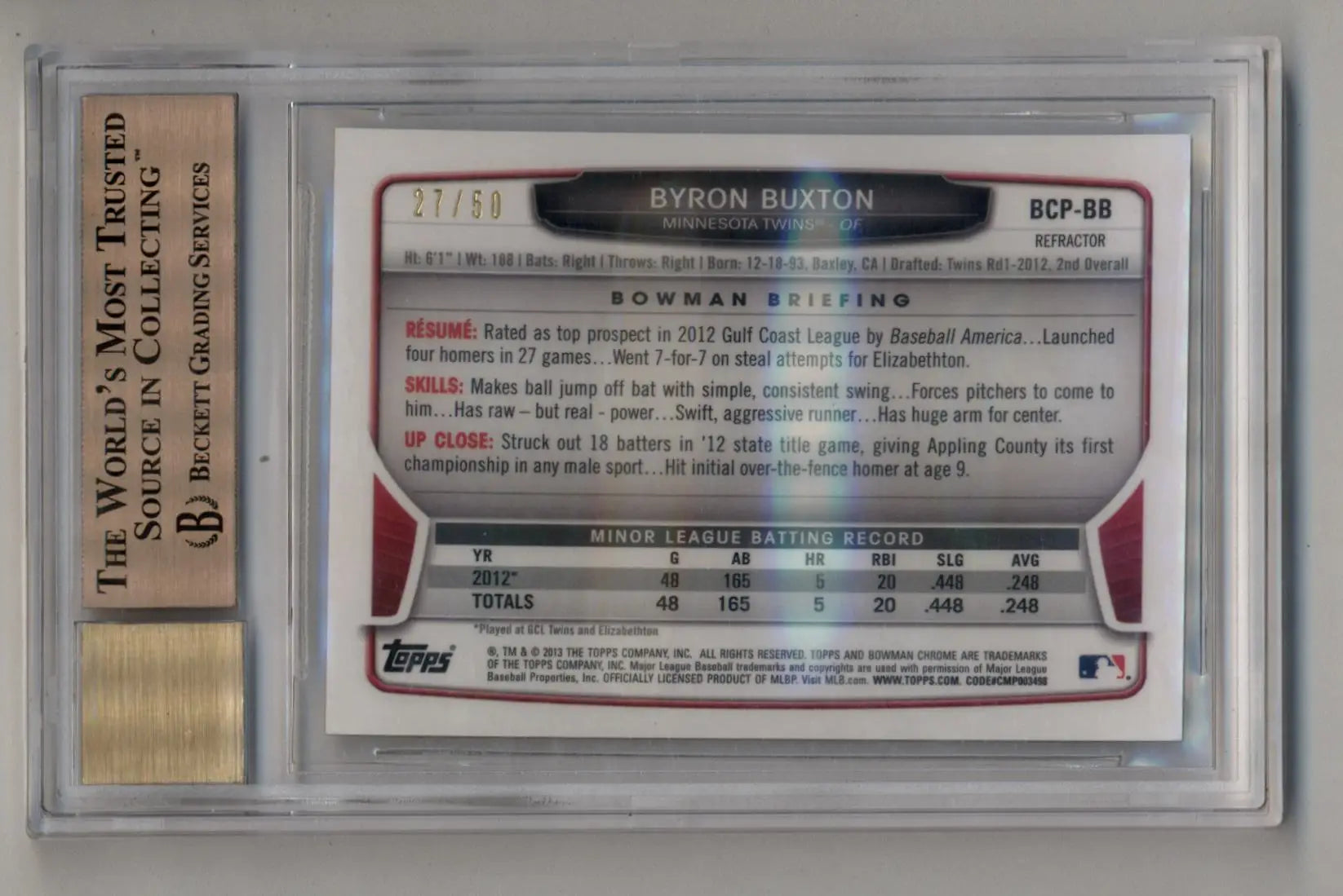 Byron Buxton 2013 Bowman Chrome Prospect Gold Refractor Auto in graded case