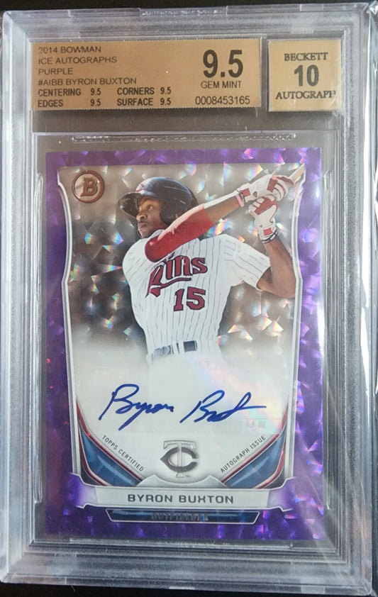 Graded BGS 9.5 Byron Buxton 2014 Bowman Purple Ice Auto baseball card with autograph