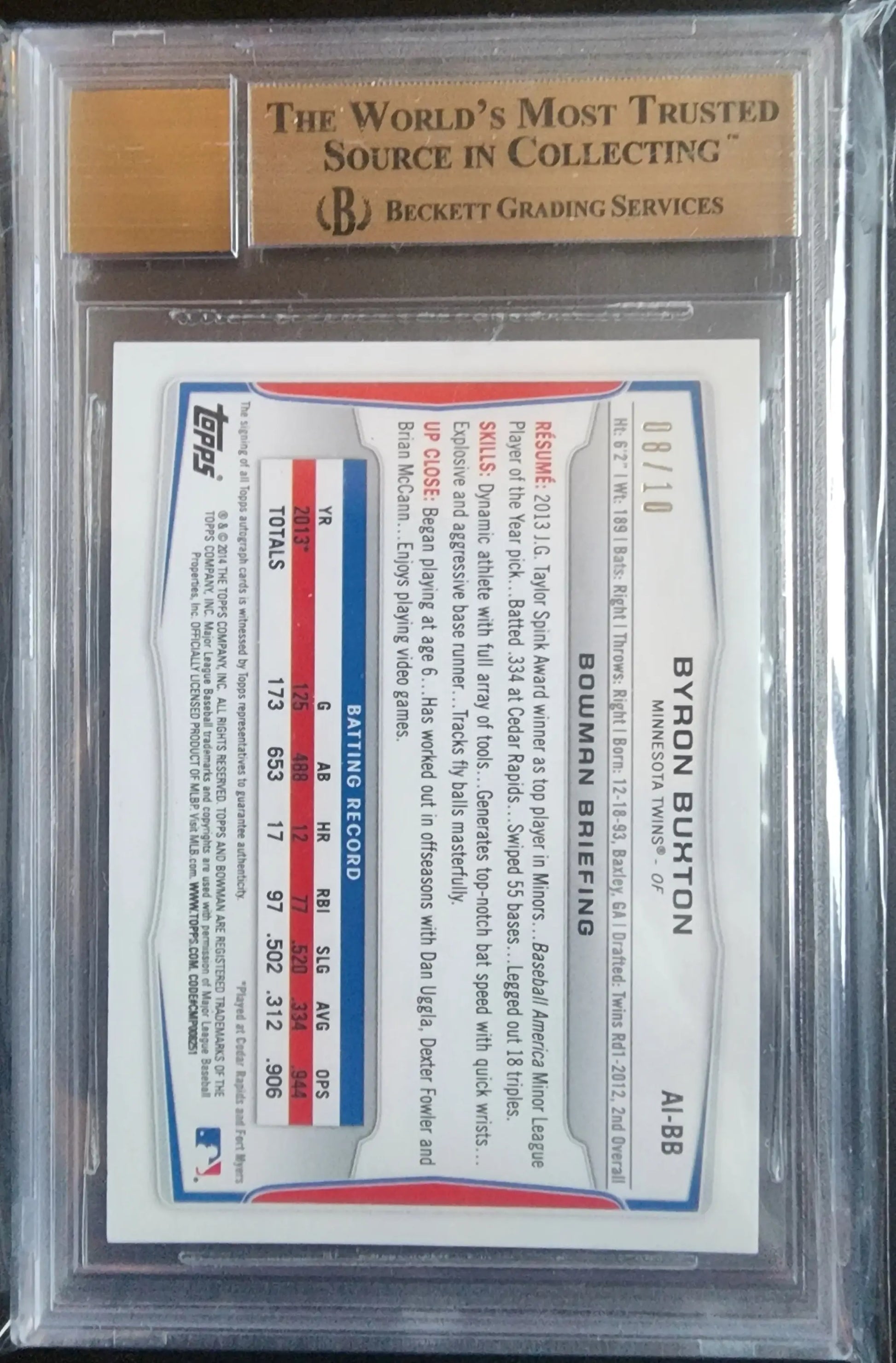 Byron Buxton 2014 Bowman Purple Ice Auto in a BGS 9.5 Gem Mint protective case