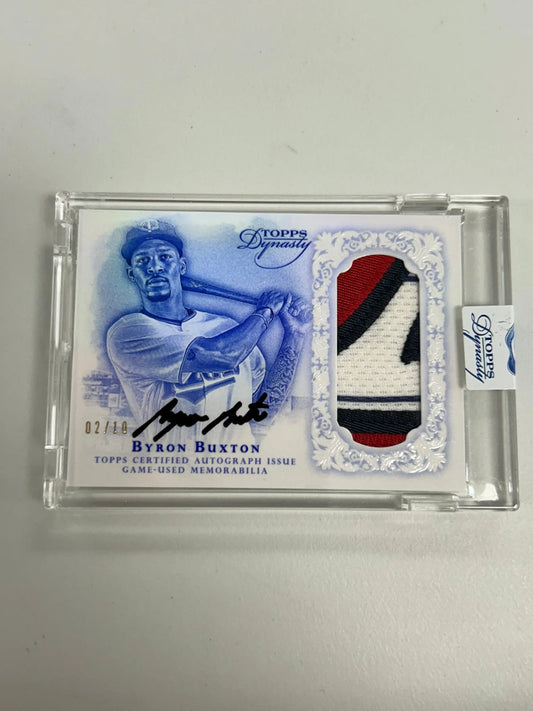 Byron Buxton 2015 Topps Dynasty Encased Patch Auto showcasing blue illustration and patch