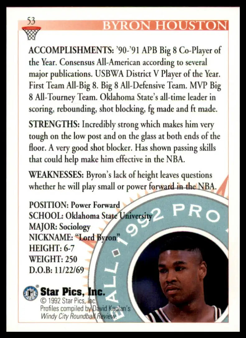 Byron Houston 1992 Star Pics basketball card from Oklahoma State Cowboys collection