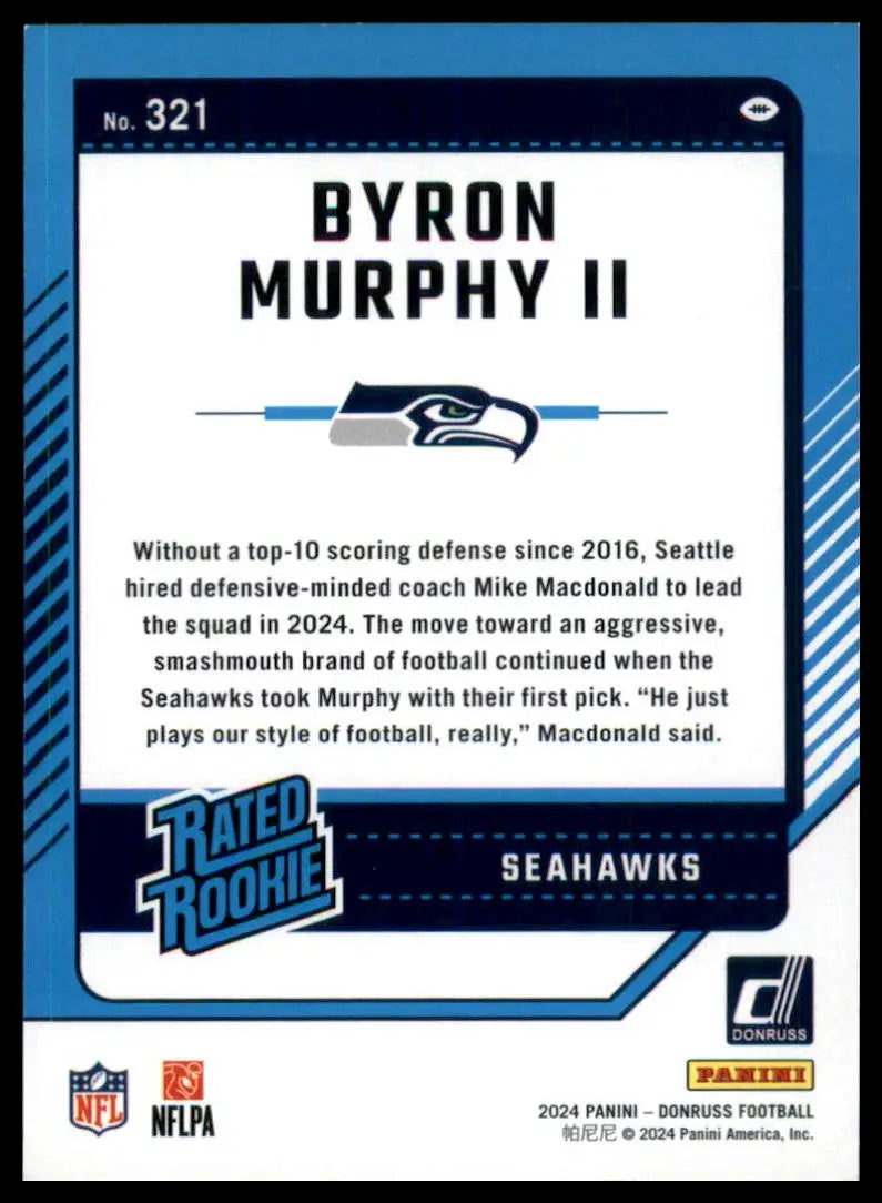 Trading card of Byron Murphy II from the 2024 Donruss Seattle Seahawks series