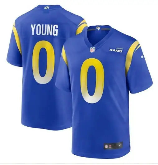 Blue Los Angeles Rams Nike Home Game Jersey with YOUNG and number 0 in yellow and white