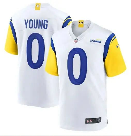 White Los Angeles Rams Nike home game jersey with blue trim gold sleeves and number 0