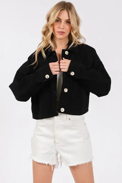 Black cropped denim jacket with silver buttons and frayed hem bytos button style