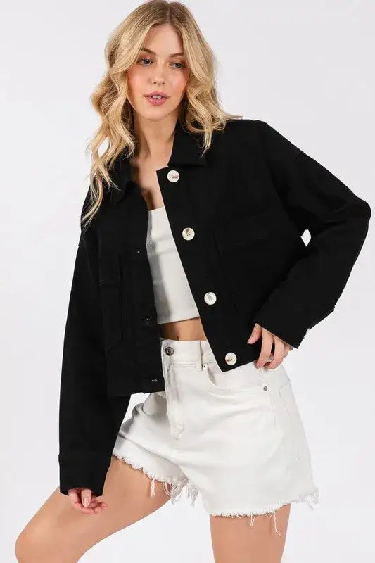 Black cropped denim jacket with silver buttons and frayed hem from bytos button collection