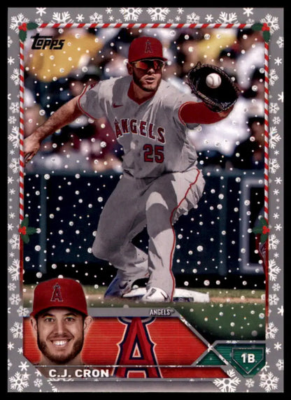 C.J. Cron baseball card from 2023 Topps Holiday Metallic series Los Angeles Angels