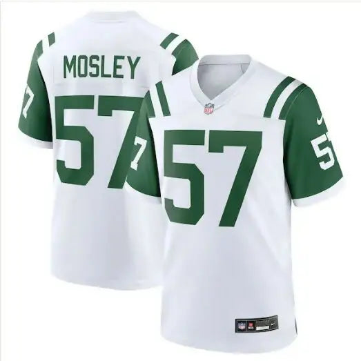 White New York Jets Nike jersey featuring Mosley 57 design for sports fans