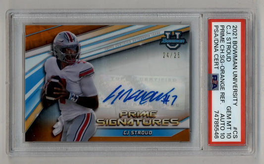 C J Stroud 2021 Bowman University Prime Signatures Orange Refractor Auto PSA 10