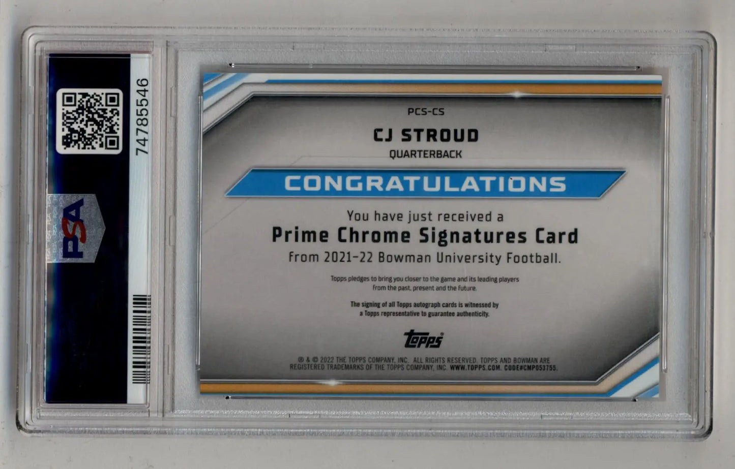 Graded C.J. Stroud Bowman University Prime Signatures Orange Refractor Auto card