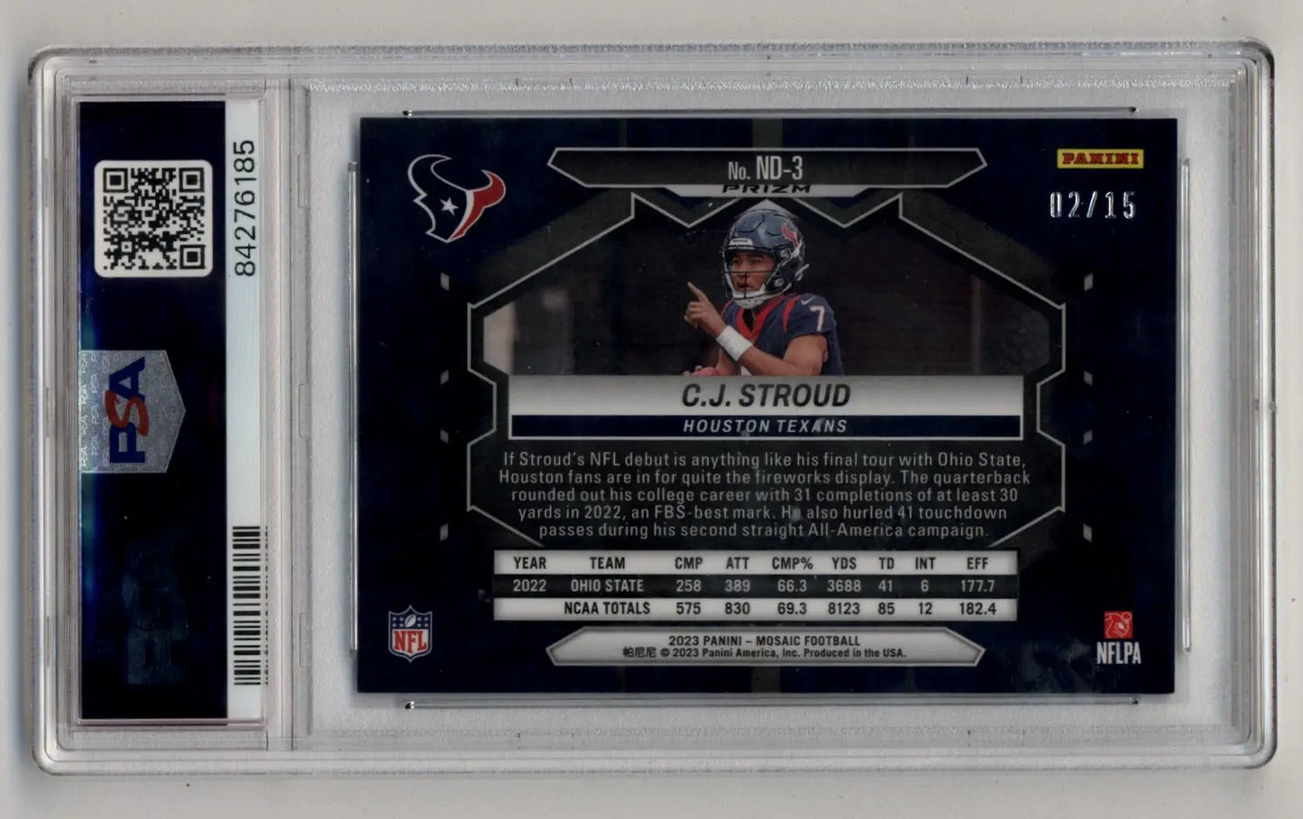 C.J Stroud 2023 Mosaic NFL Debut Blue Fluorescent 02/15 PSA 9 Mint - Singles