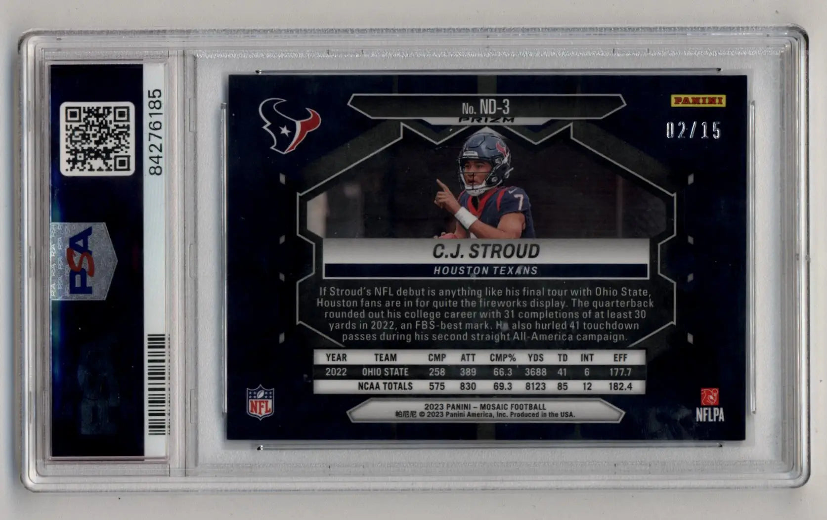 C.J Stroud 2023 Mosaic NFL Debut Blue Fluorescent 02/15 PSA 9 Mint - Singles