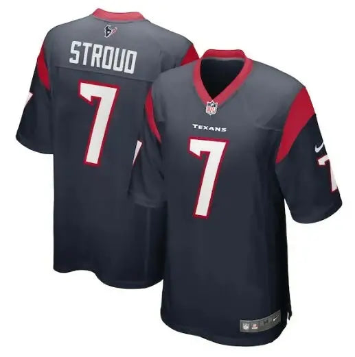 Dark blue C.J. Stroud Houston Texans NFL Draft jersey with red accents and number 7