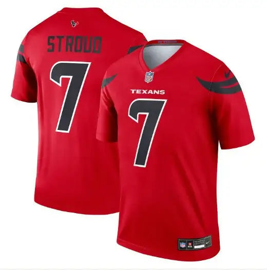 Red Houston Texans C J Stroud football jersey with STROUD and number 7 on back
