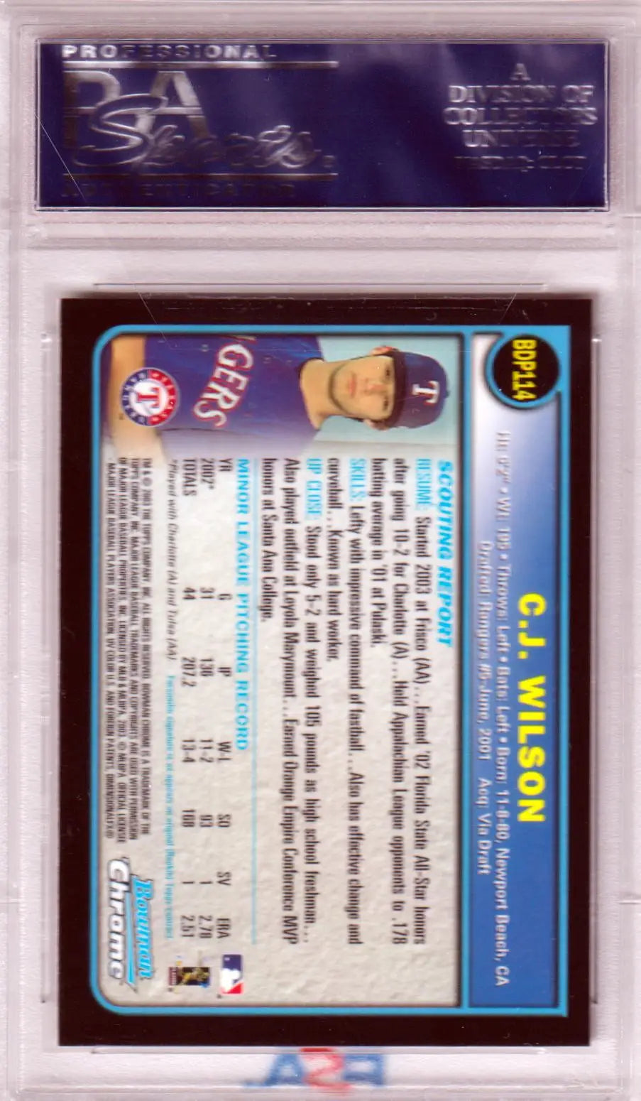 C J WILSON Bowman Chrome Draft RC Rookie Baseball Card PSA 10 GEM MINT