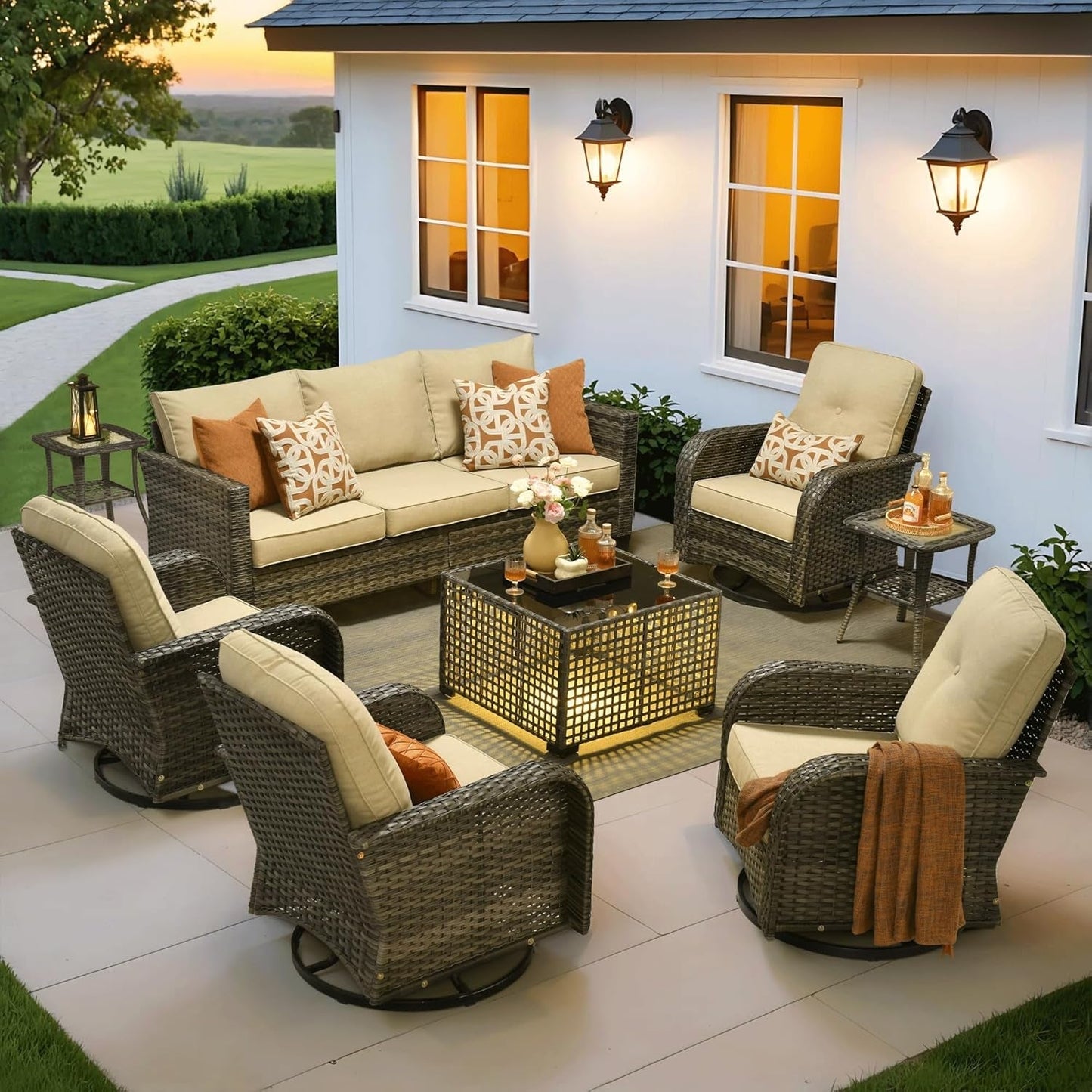 Modern Outdoor Wicker Furniture Set with Swivel Rocking Chairs-0