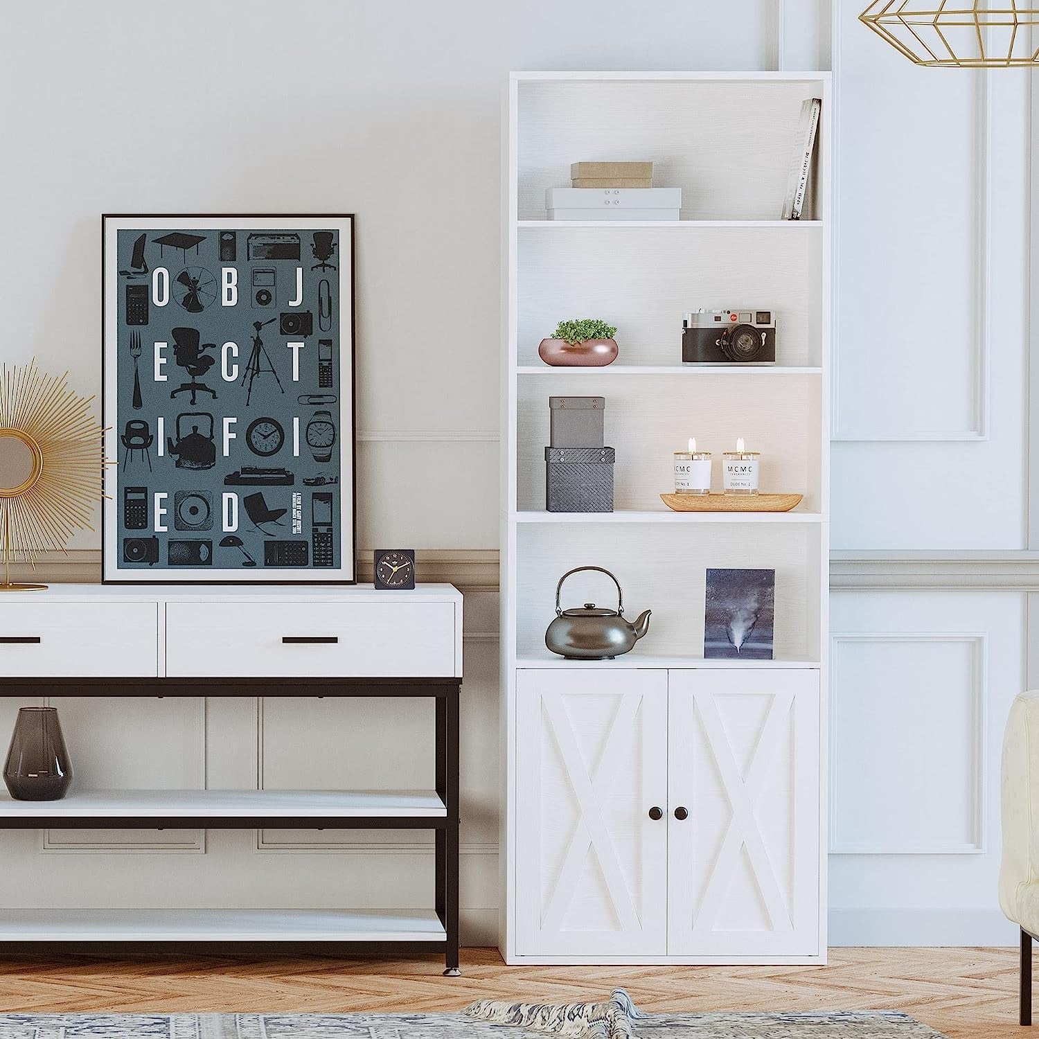 Tall Industrial Bookcase with Doors and Shelves-0