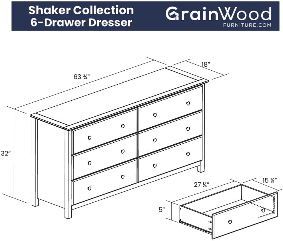 Shaker 6-Drawer Dresser, Solid Wood with a Cherry Finish-1