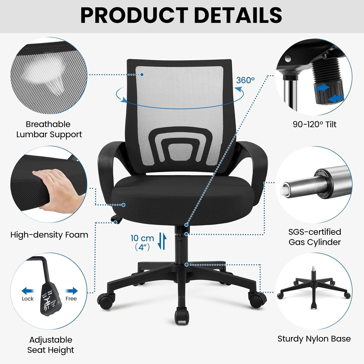 Office Chair Mid Back Swivel Lumbar Support Desk Chair, Height Adjustable Computer Ergonomic Mesh Chair with Armrest Black, 2-Pack-4