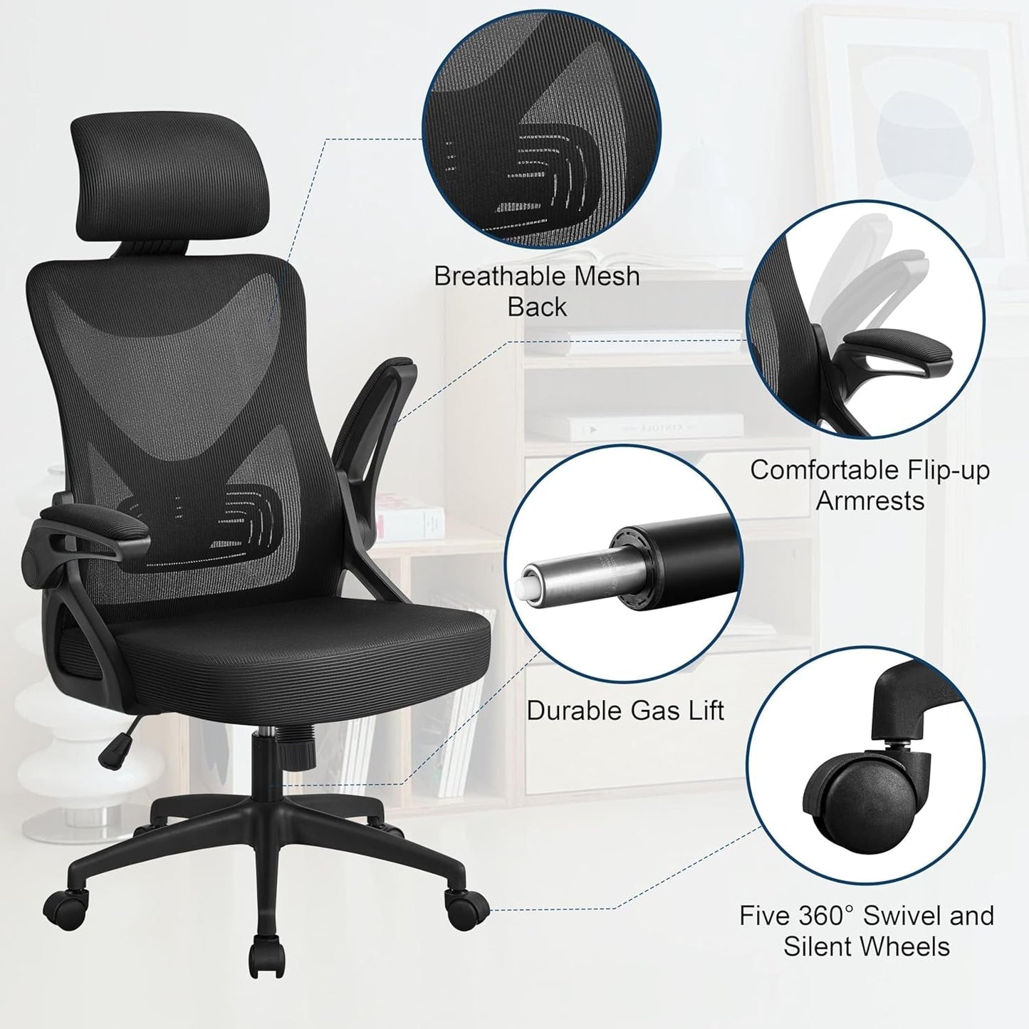 Ergonomic Office Chair, High Back Desk Chair with Flip-Up Armrest and Headrest, Mesh Computer Chair with Lumbar Support for Home Office Meeting Room Study, Black-4