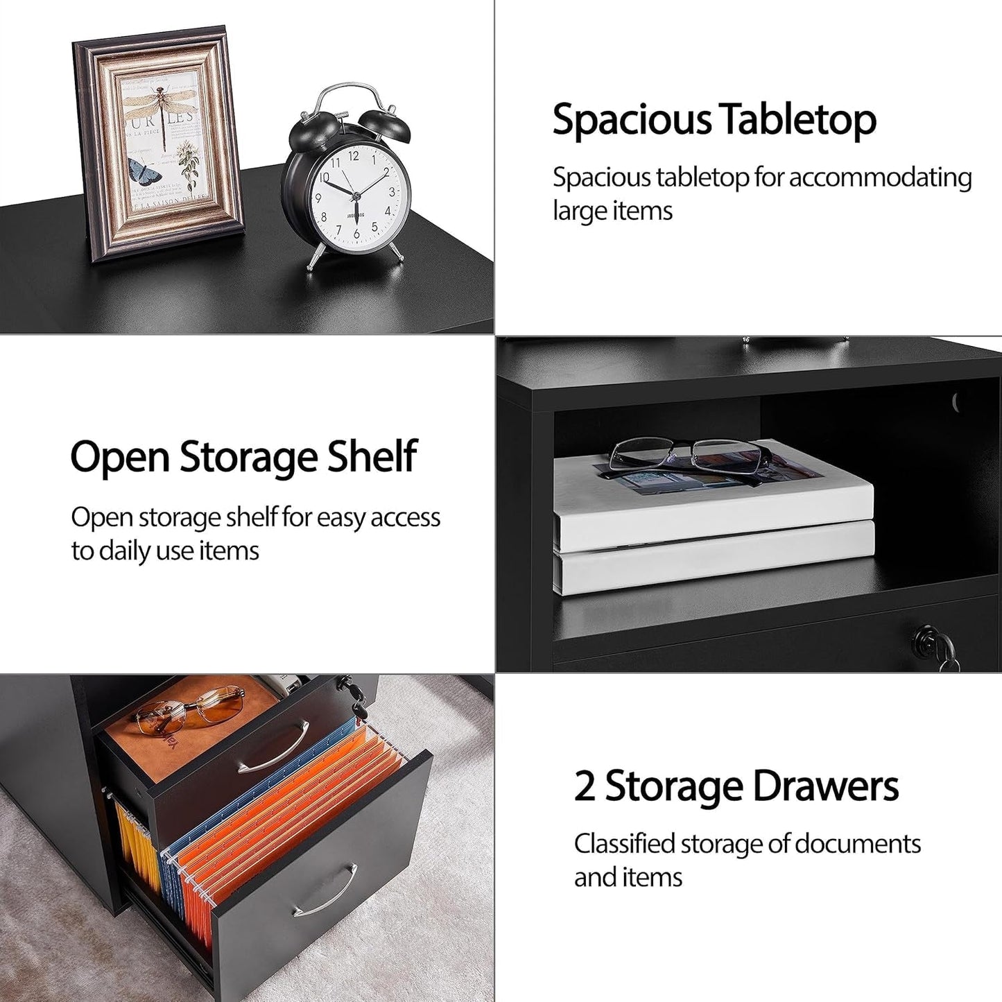 File Cabinet, under Desk Vertical Cabinet with 2 Drawers and Open Compartment, Printer Stand with Lockable Wheels for A4 Letter Size Hangable File Folders for Home Office(Black)-3