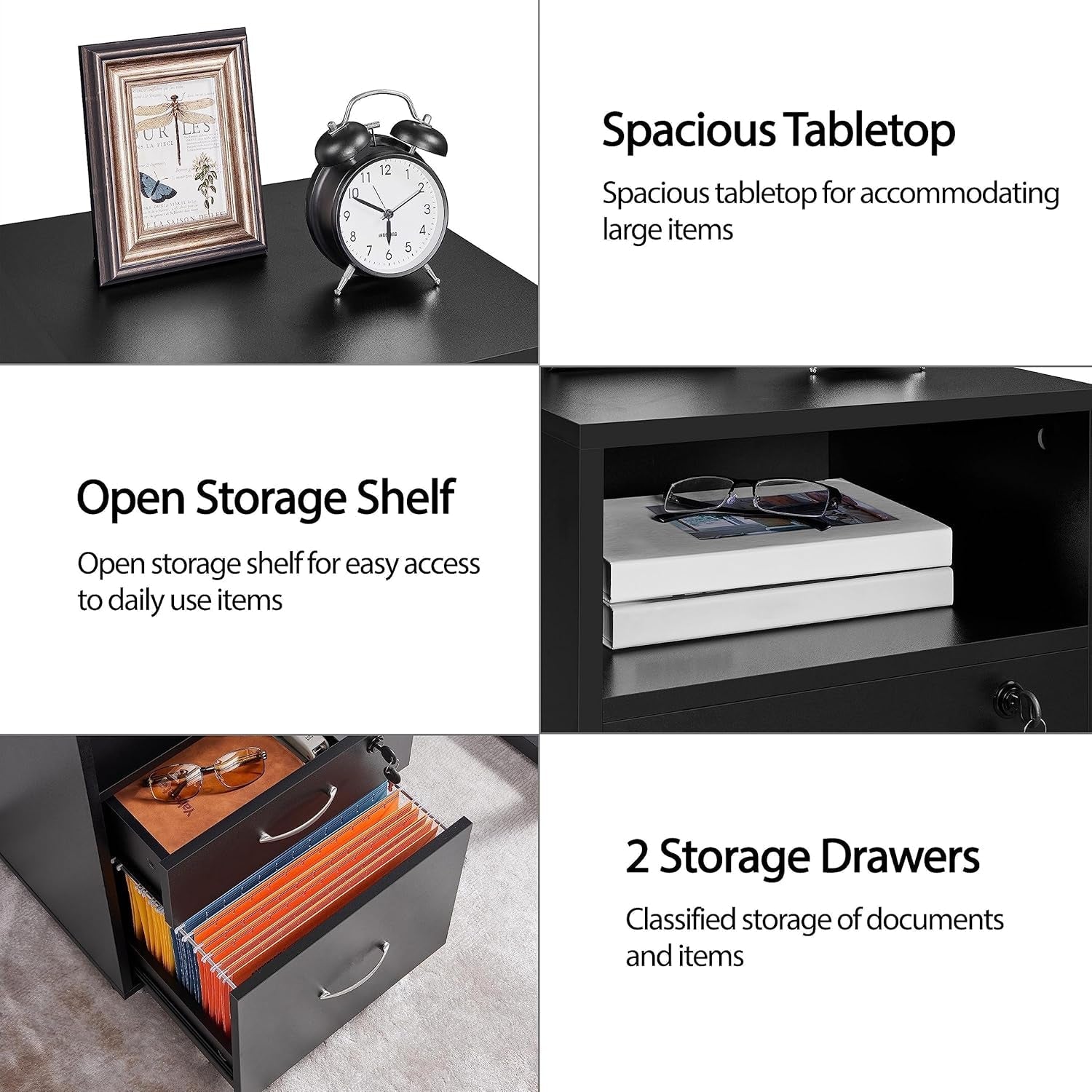 File Cabinet, under Desk Vertical Cabinet with 2 Drawers and Open Compartment, Printer Stand with Lockable Wheels for A4 Letter Size Hangable File Folders for Home Office(Black)-3