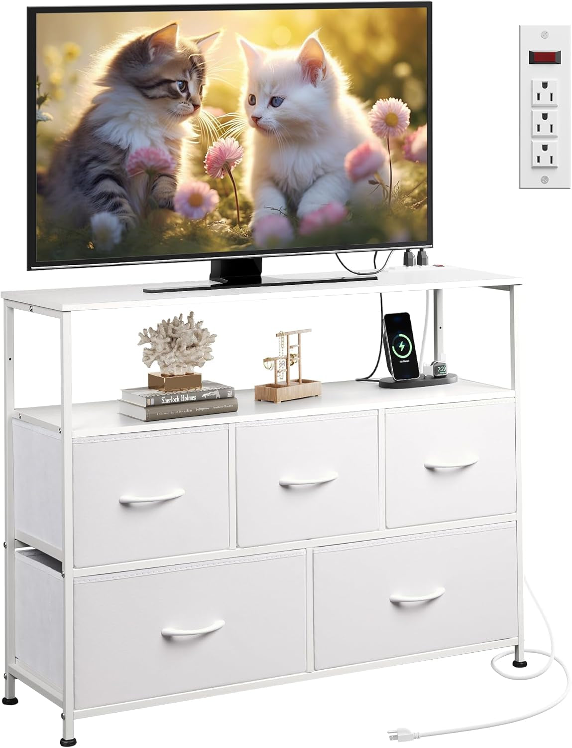 Dresser TV Stand for Bedroom, Entertainment Center with Open Shelf and Power Outlet, White Fabric Dressers with 5 Drawers, TV Stands for Closet-0