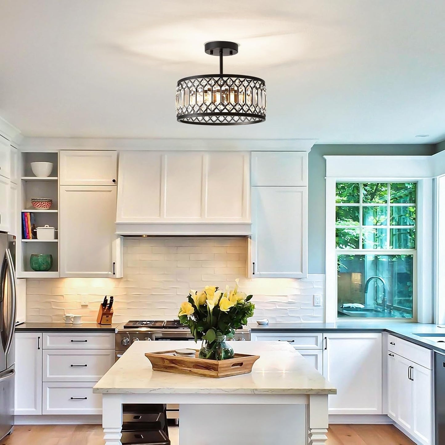 Crystal Black Three Light Semi Flush Mount Ceiling Light-1