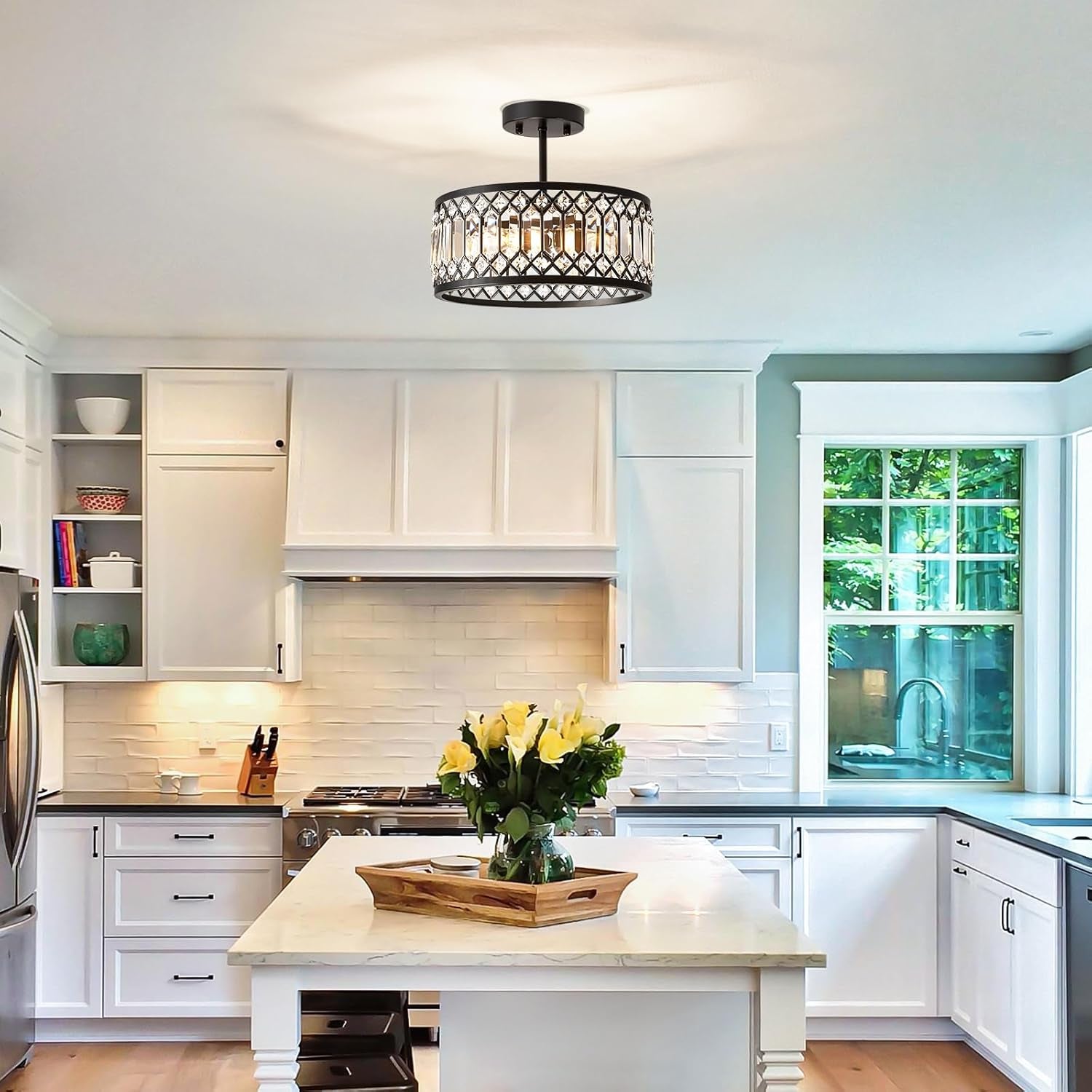 Crystal Black Three Light Semi Flush Mount Ceiling Light-1