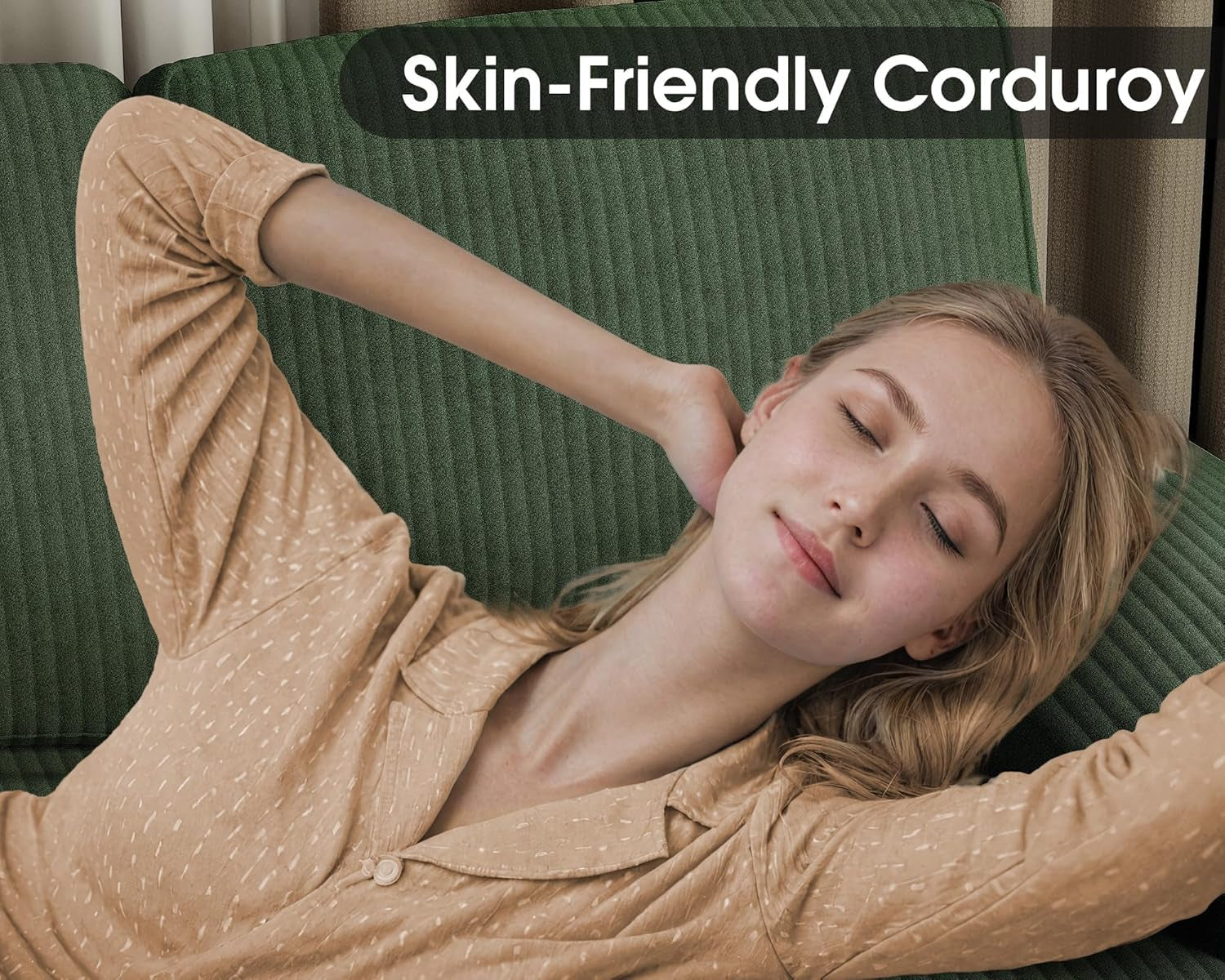 Sectional Couches for Living Room, U-Shaped Sofa Couch with Linen Fabric, 4 Seat Sofa Set with Double Chaise for Apartment (Corduroy, Dark Green)-2