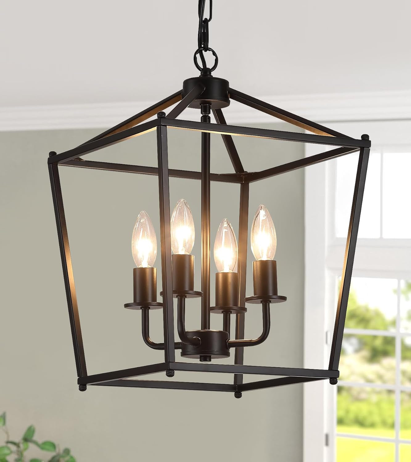 UL Listed Black Industrial 4 Light Lantern Chandelier Ceiling Light Fixtures Farmhouse Metal Cage Rustic Geometric Pendant Light for Kitchen Island Entryway Dining Room Stairs and Hallway-1