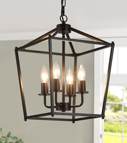 UL Listed Black Industrial 4 Light Lantern Chandelier Ceiling Light Fixtures Farmhouse Metal Cage Rustic Geometric Pendant Light for Kitchen Island Entryway Dining Room Stairs and Hallway-1