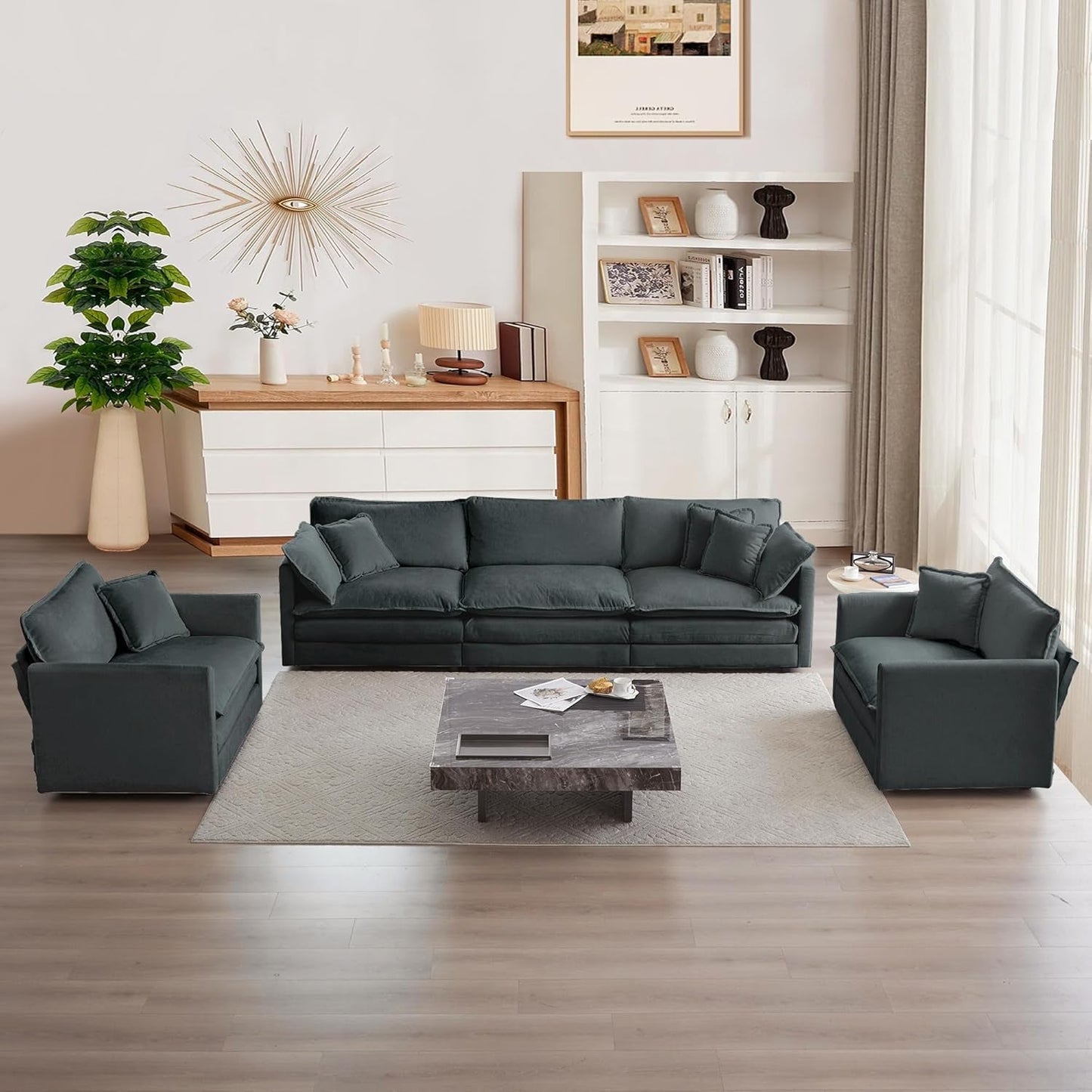 Luxury 3 Piece Sofa Set, 2 Pieces of Single Sofa and 1 Piece of 3 Seater Sofa, Modern Chenille Comfy Cloud Couches Set with 7 Pillows for Living Room Office, Grey-0