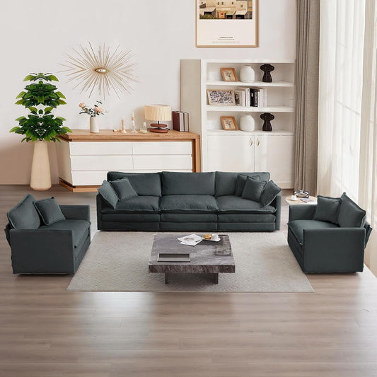 Luxury 3 Piece Sofa Set, 2 Pieces of Single Sofa and 1 Piece of 3 Seater Sofa, Modern Chenille Comfy Cloud Couches Set with 7 Pillows for Living Room Office, Grey-0