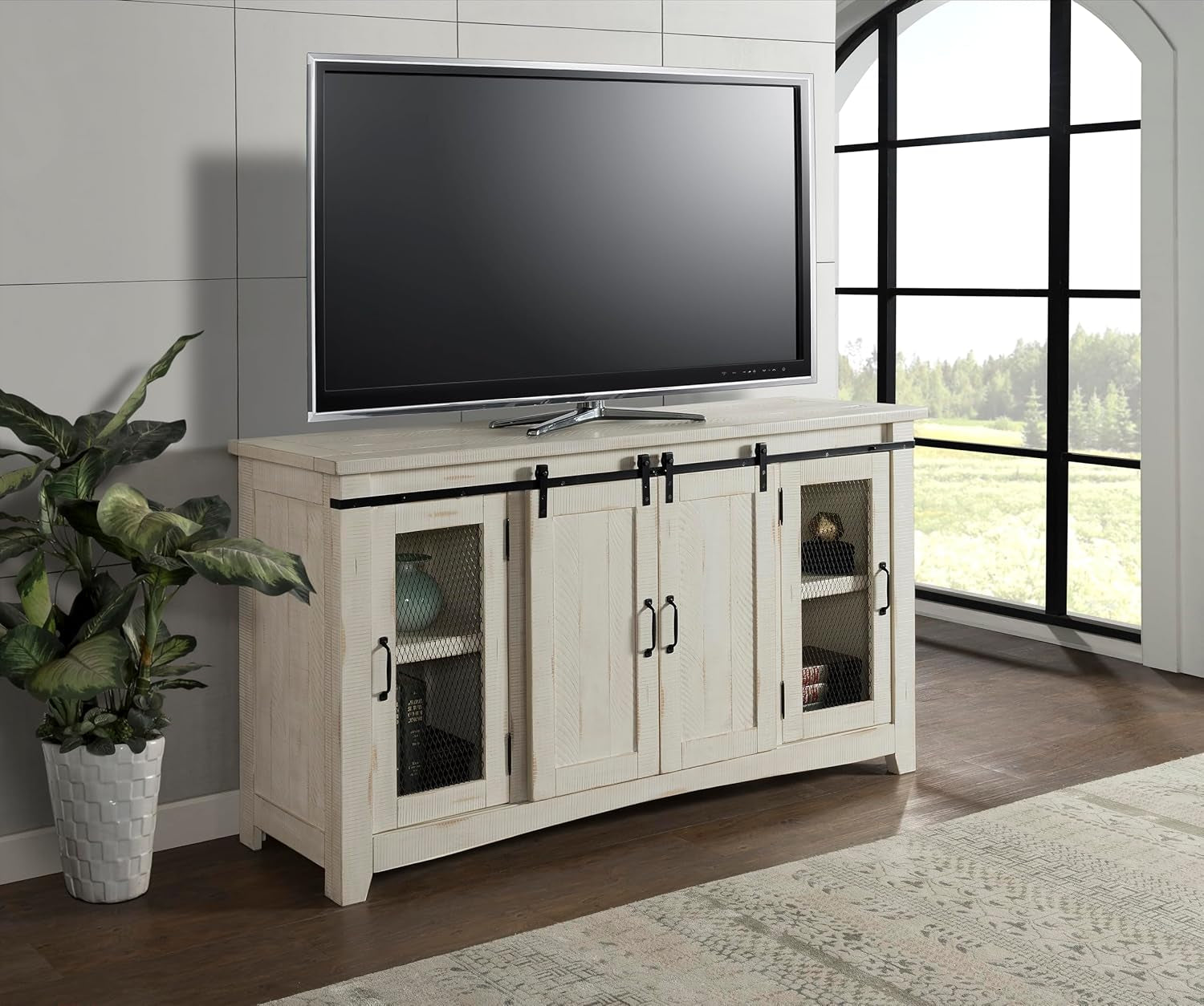 Rustic 65” Solid Wood TV Stand with Storage, All Antique White-2
