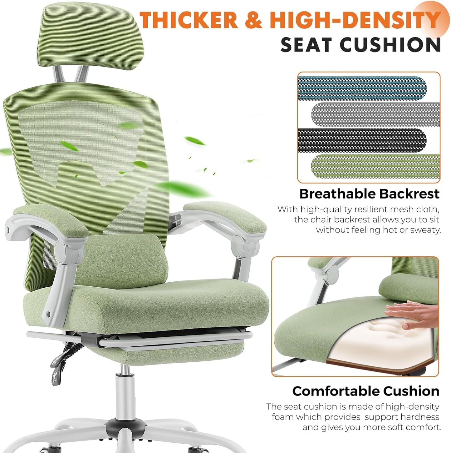 Office Computer Desk Chair, Ergonomic High-Back Mesh Rolling Work Swivel Chairs with Wheels, Comfortable Lumbar Support, Comfy Arms for Home, Bedroom, Study, Student, Green-2