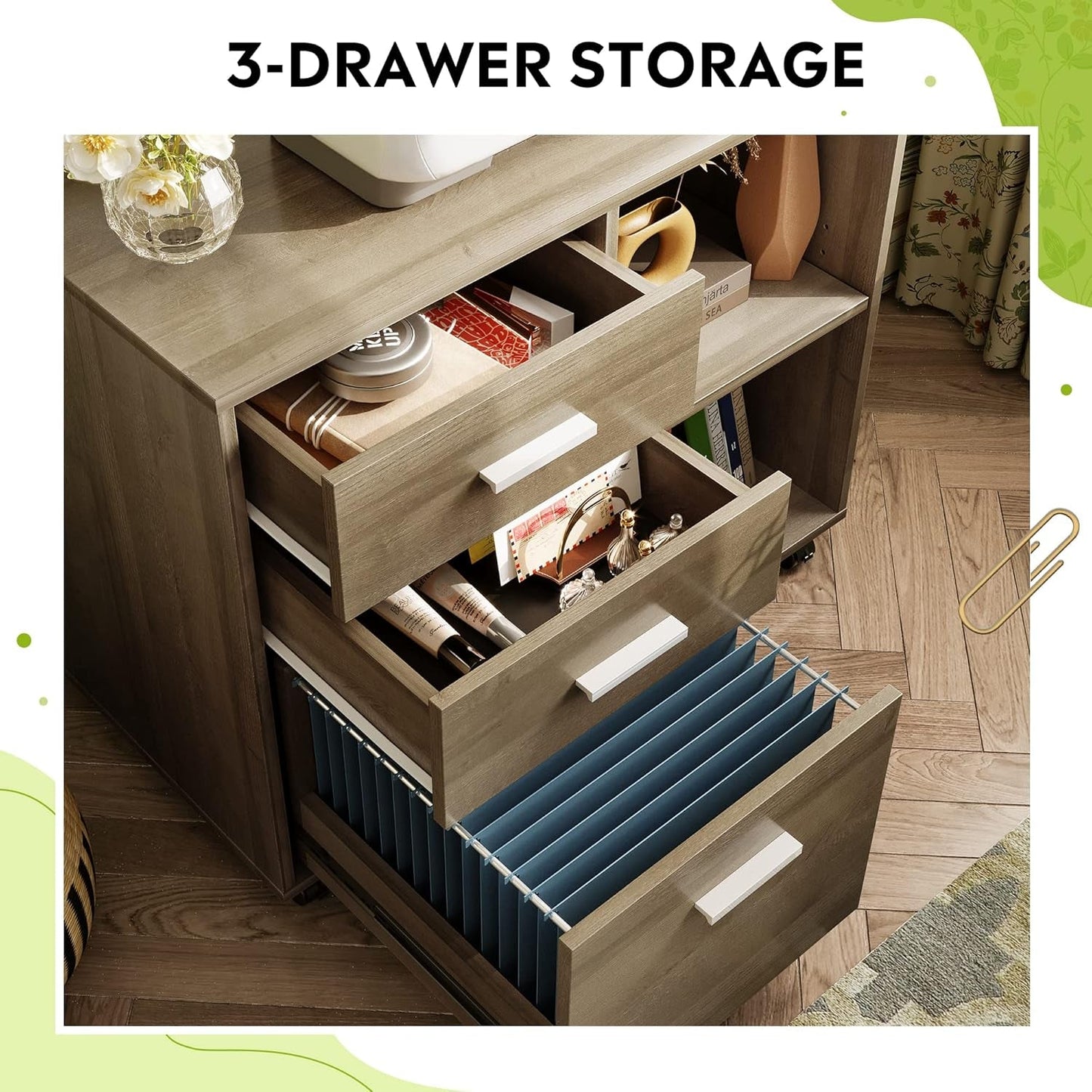 3 Drawer Mobile File Cabinet, Wood Lateral Filing Cabinet, Printer Stand with Open Shelves for Home Office, Gray Oak-3