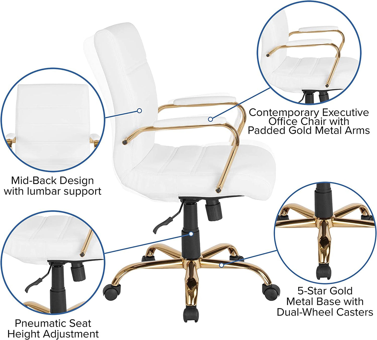 Whitney Mid-Back Swivel Leathersoft Desk Chair with Padded Seat and Armrests, Adjustable Height Padded Office Chair, White/Gold-4
