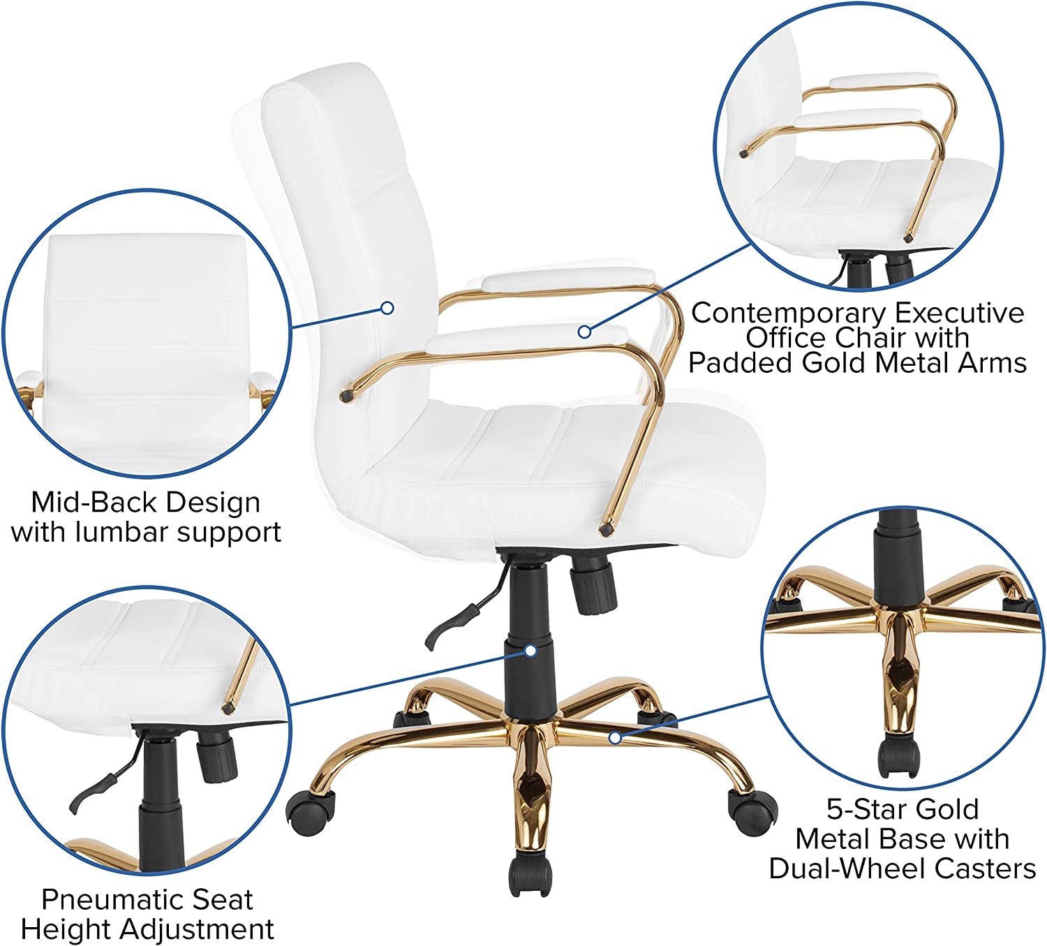 Whitney Mid-Back Swivel Leathersoft Desk Chair with Padded Seat and Armrests, Adjustable Height Padded Office Chair, White/Gold-4